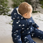 Polar Bear Print on Blueberry Hooded Footless Baby Snowsuit