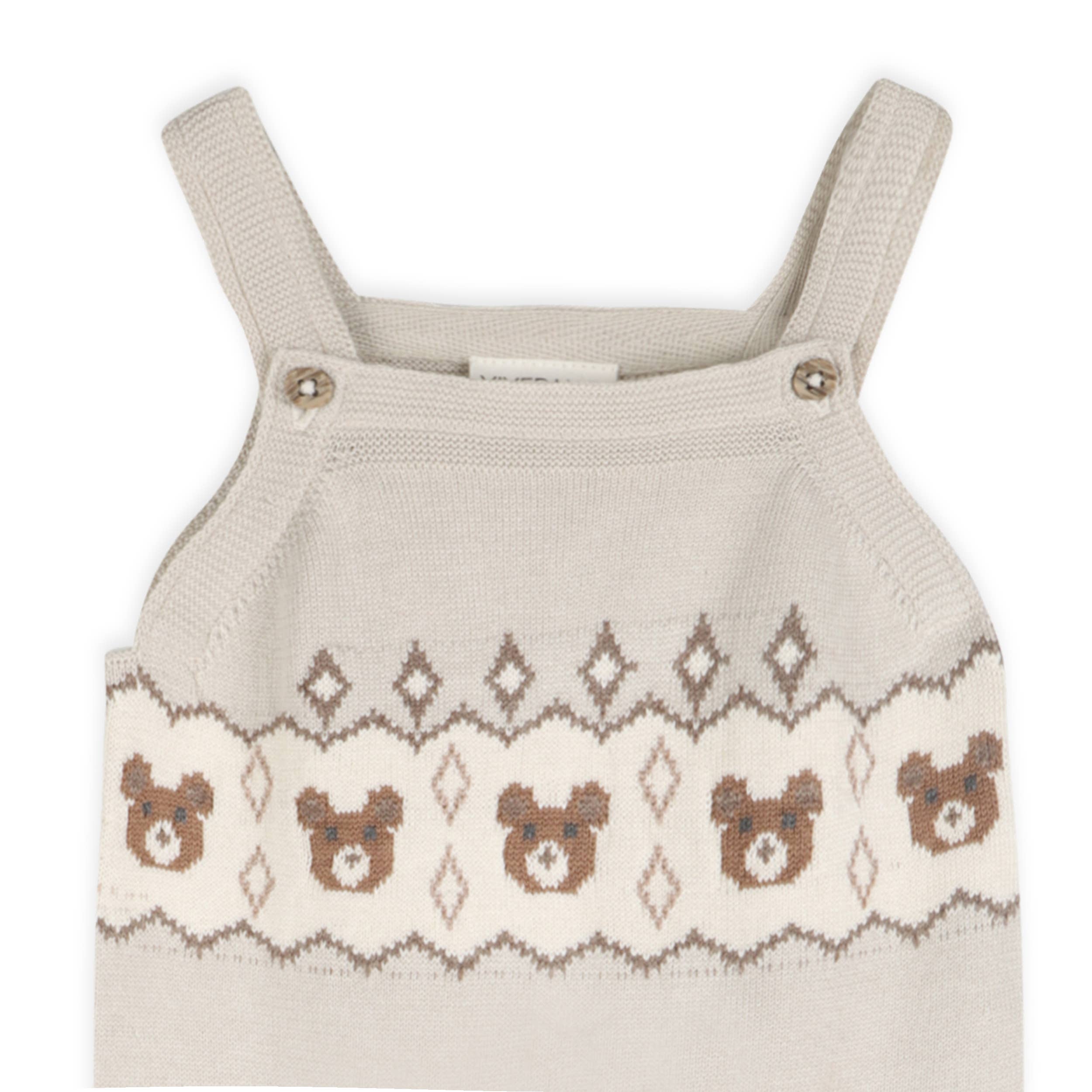 Bear Fair Isle Knit Baby Overall Set (Stone)