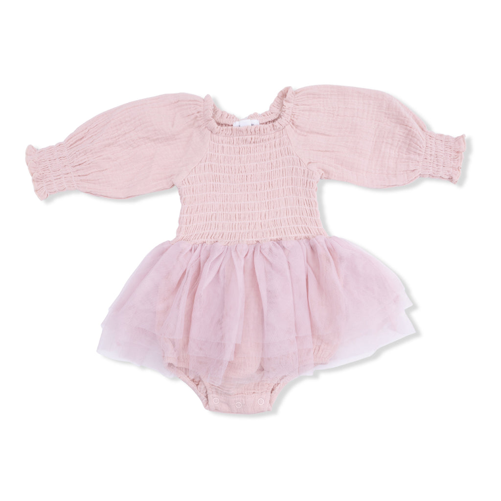 Long Sleeve Smocked Bubble with Tutu (Solid Muslin Lotus)