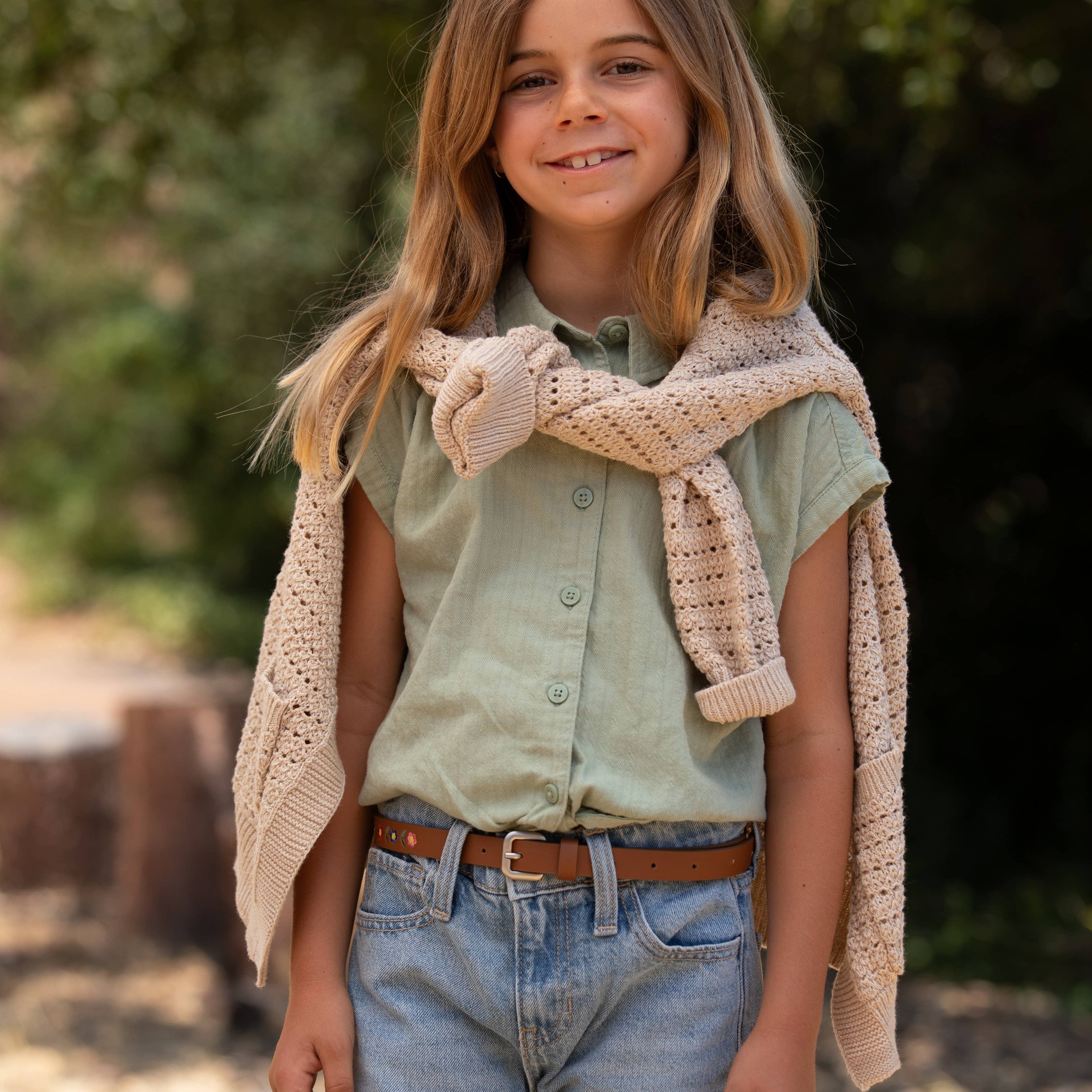Girls Embroidered Boho Leather Belt (Brown)