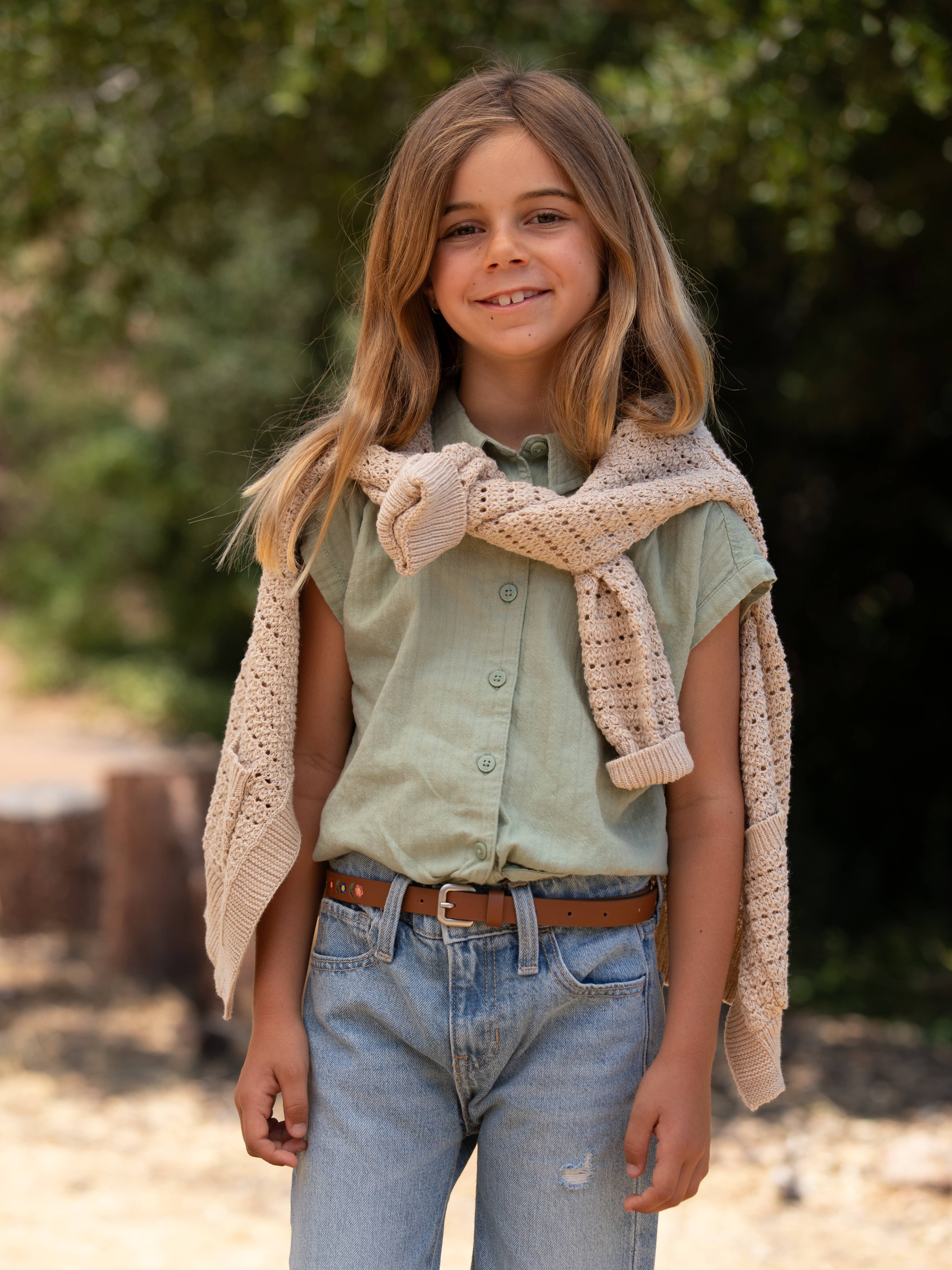 Girls Embroidered Boho Leather Belt (Brown)