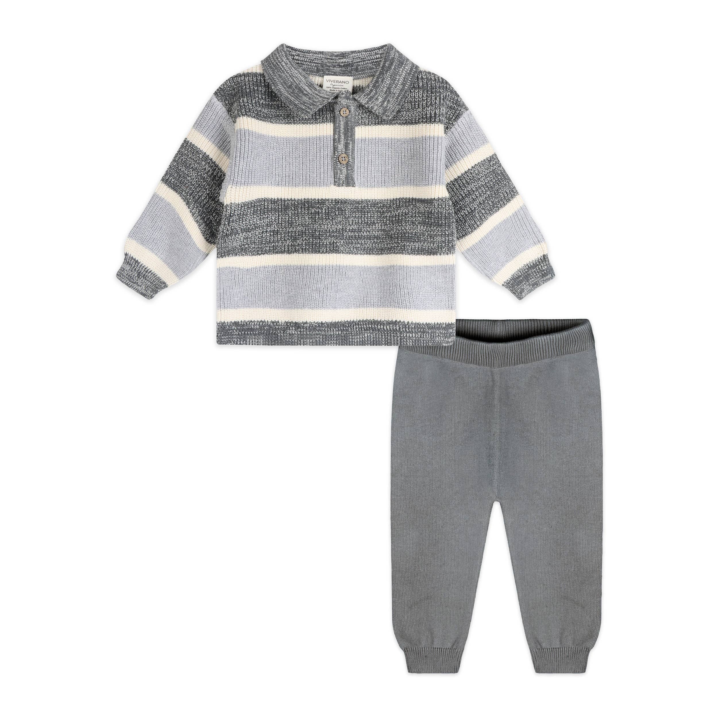 Rugby Stripe Polo Knit Baby Pullover & Pants Set (Charcoal)