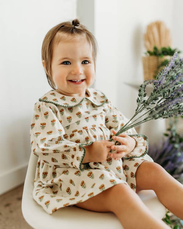 Ina Block Print Floral Linen Baby Dress & Bloomer Set (Mustard Floral)
