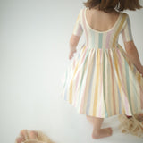Short Sleeve Twirl Dress (Pastel Stripes)