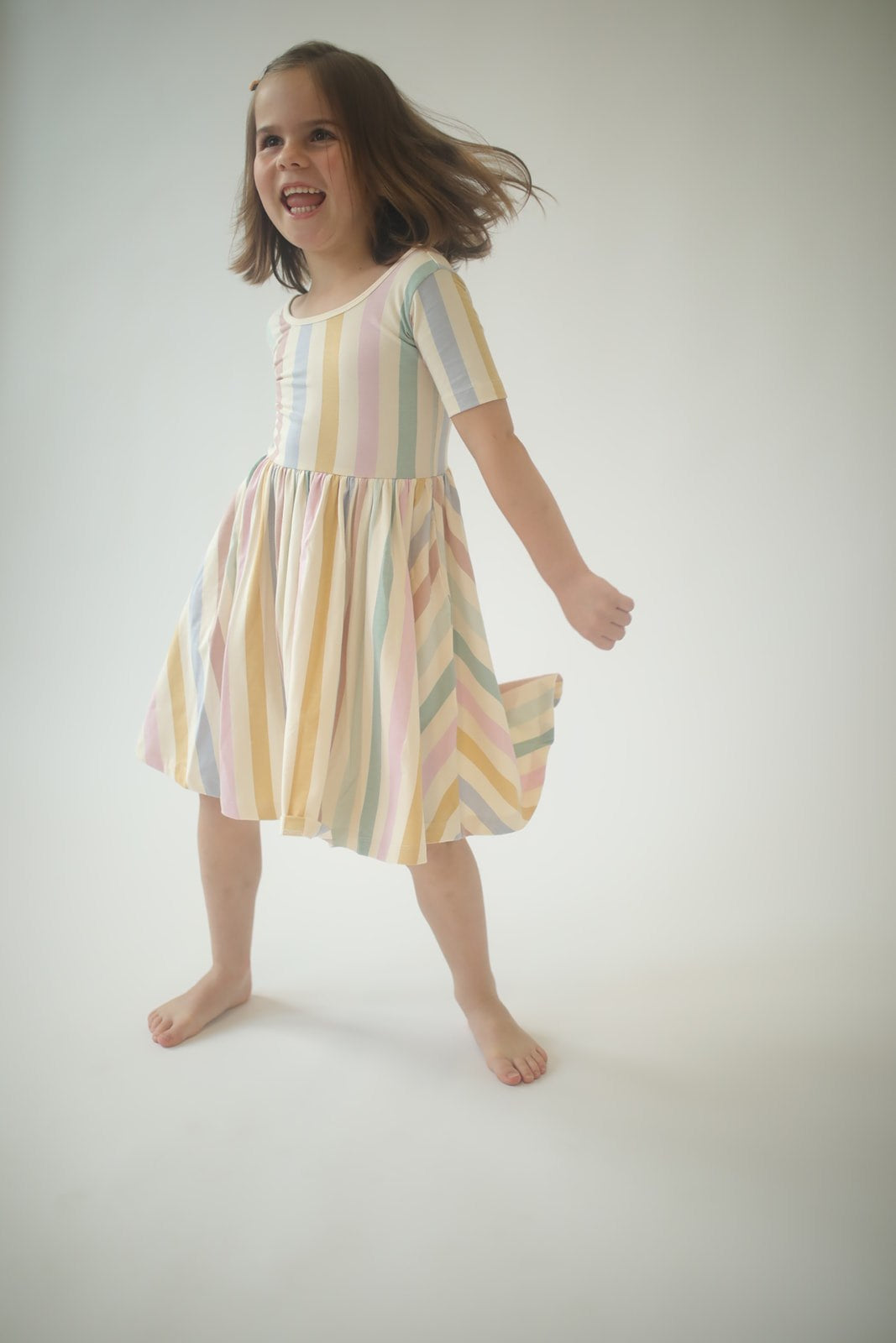 Short Sleeve Twirl Dress (Pastel Stripes)
