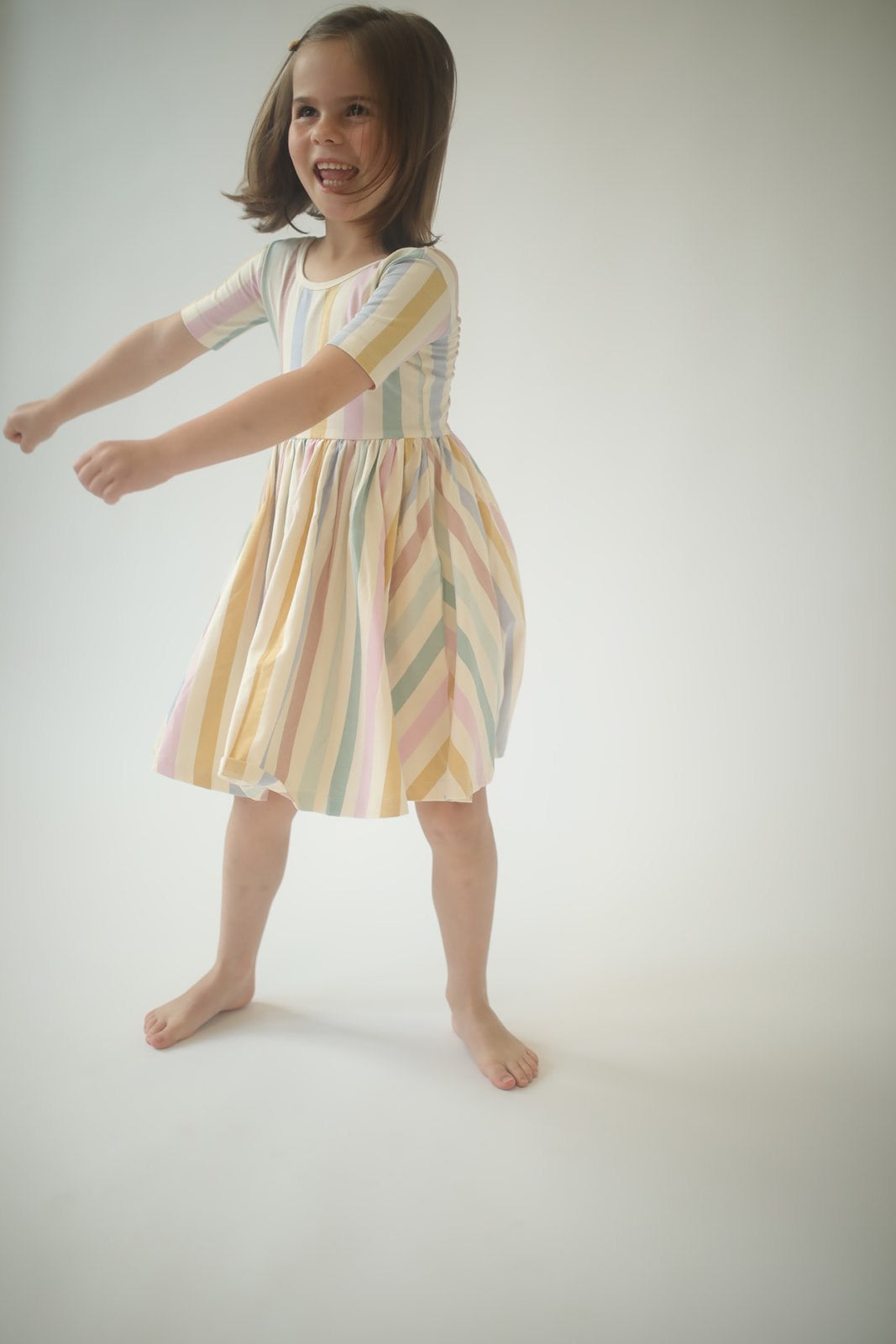 Short Sleeve Twirl Dress (Pastel Stripes)