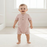 Organic Short Bubble Romper (Coral Stripes)