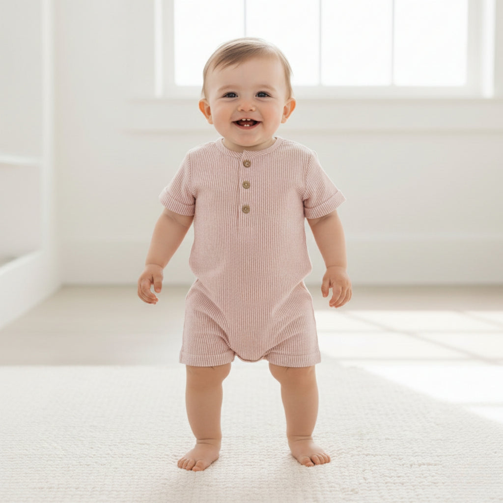 Organic Short Bubble Romper (Coral Stripes)