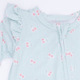 2 Way Ruffle Sleeve Zipper Footie (Tiny Cherry Stripe)
