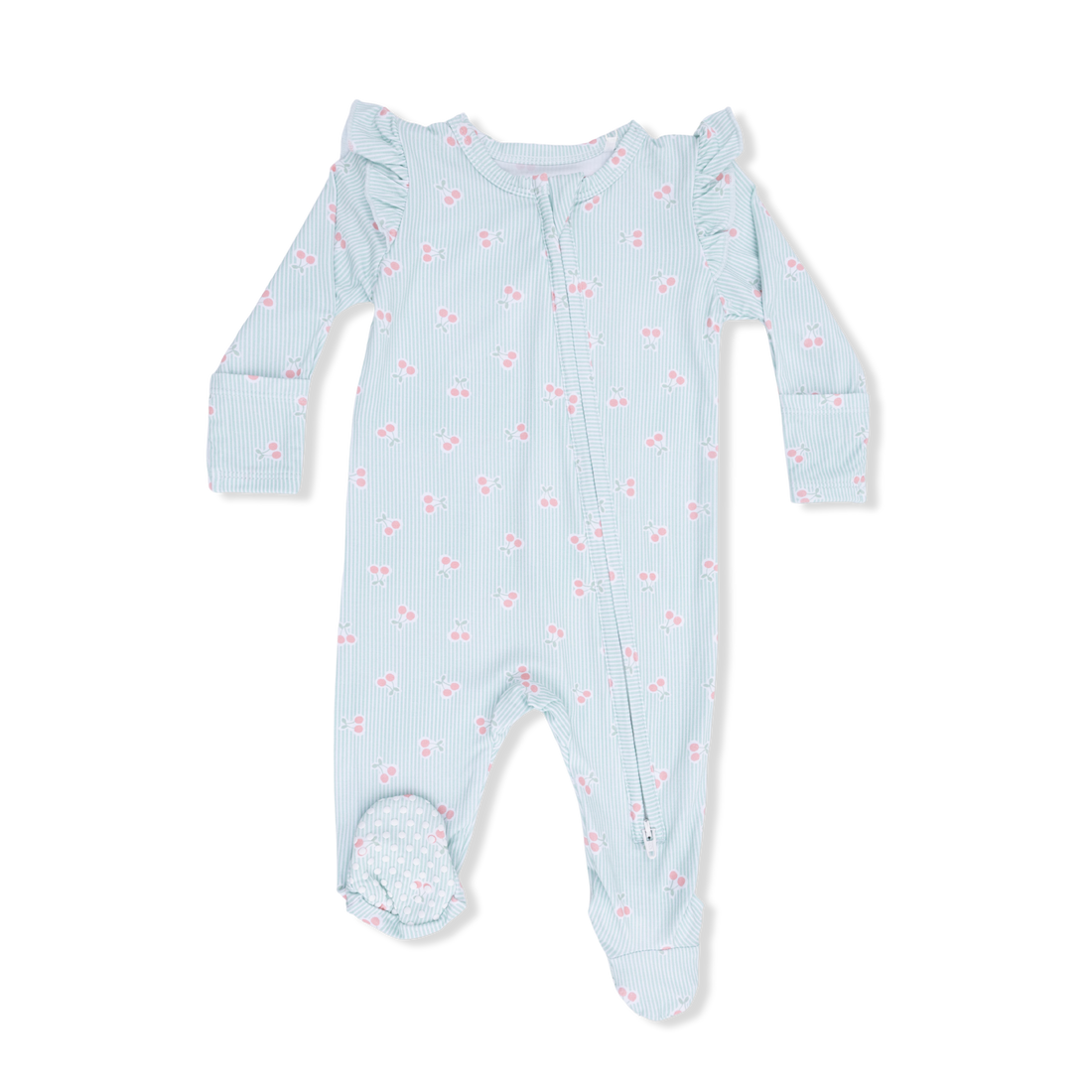 2 Way Ruffle Sleeve Zipper Footie (Tiny Cherry Stripe)