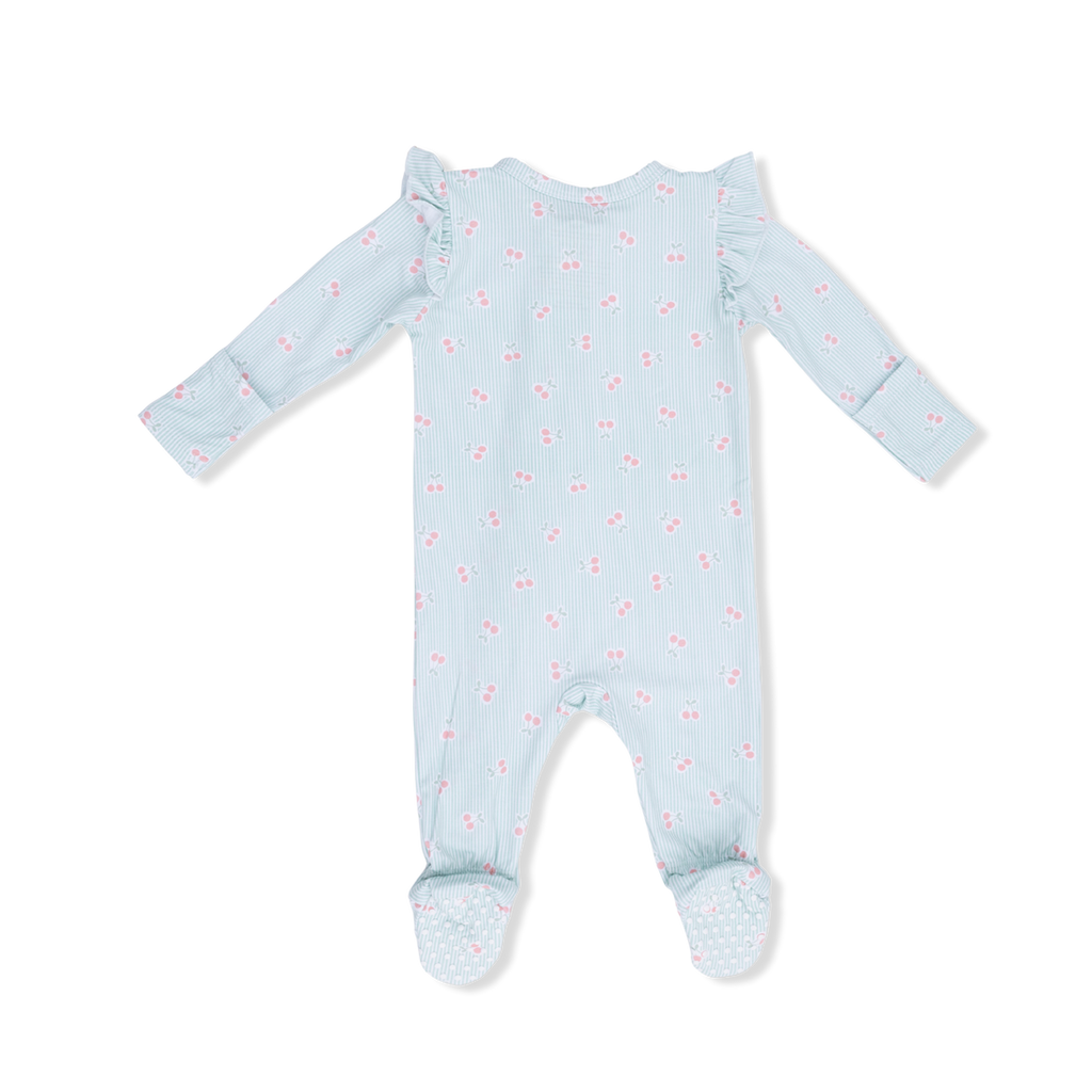 2 Way Ruffle Sleeve Zipper Footie (Tiny Cherry Stripe)