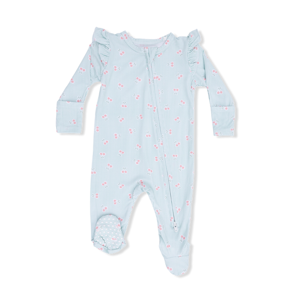 2 Way Ruffle Sleeve Zipper Footie (Tiny Cherry Stripe)