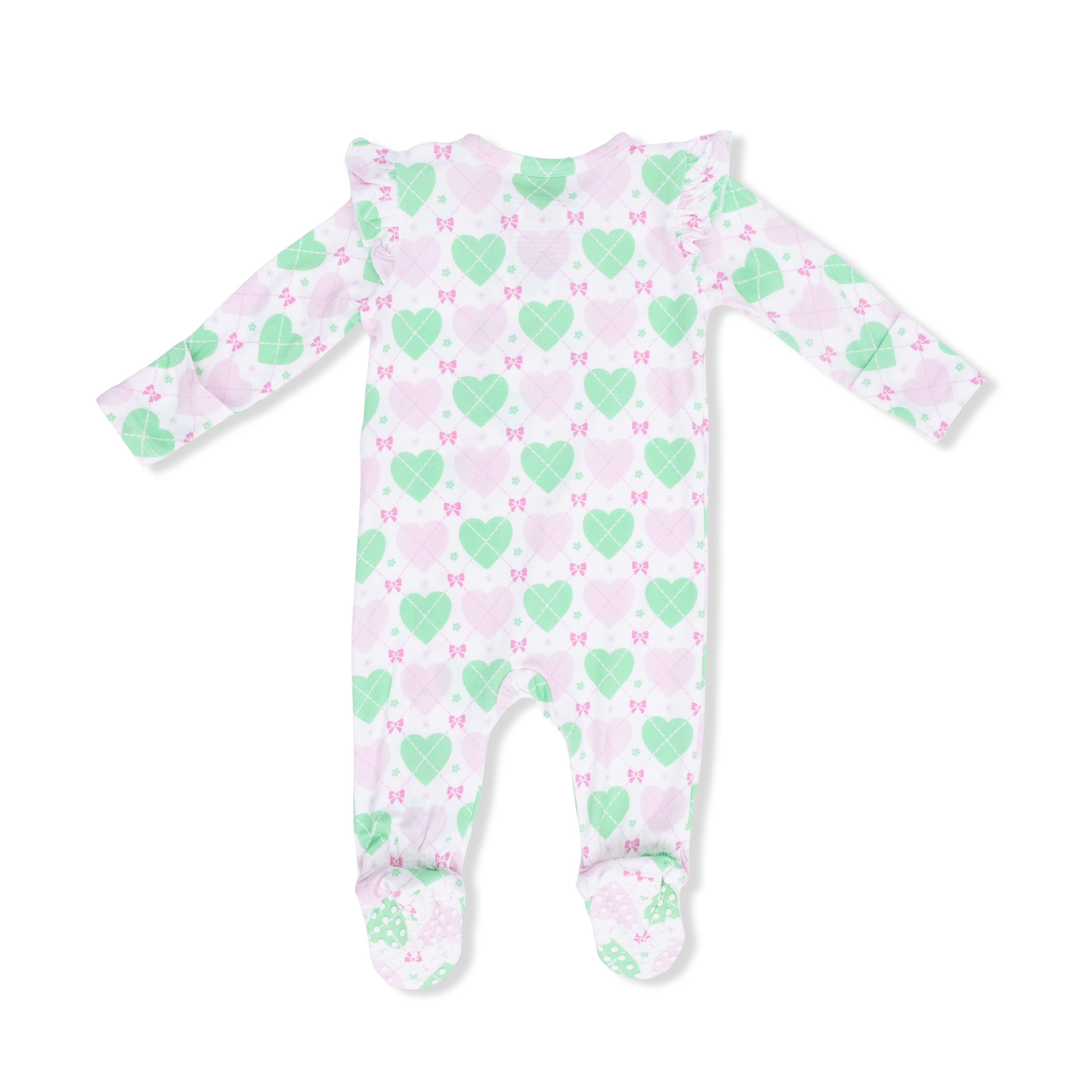 2 Way Ruffle Sleeve Zipper Footie (Heart Argyle)