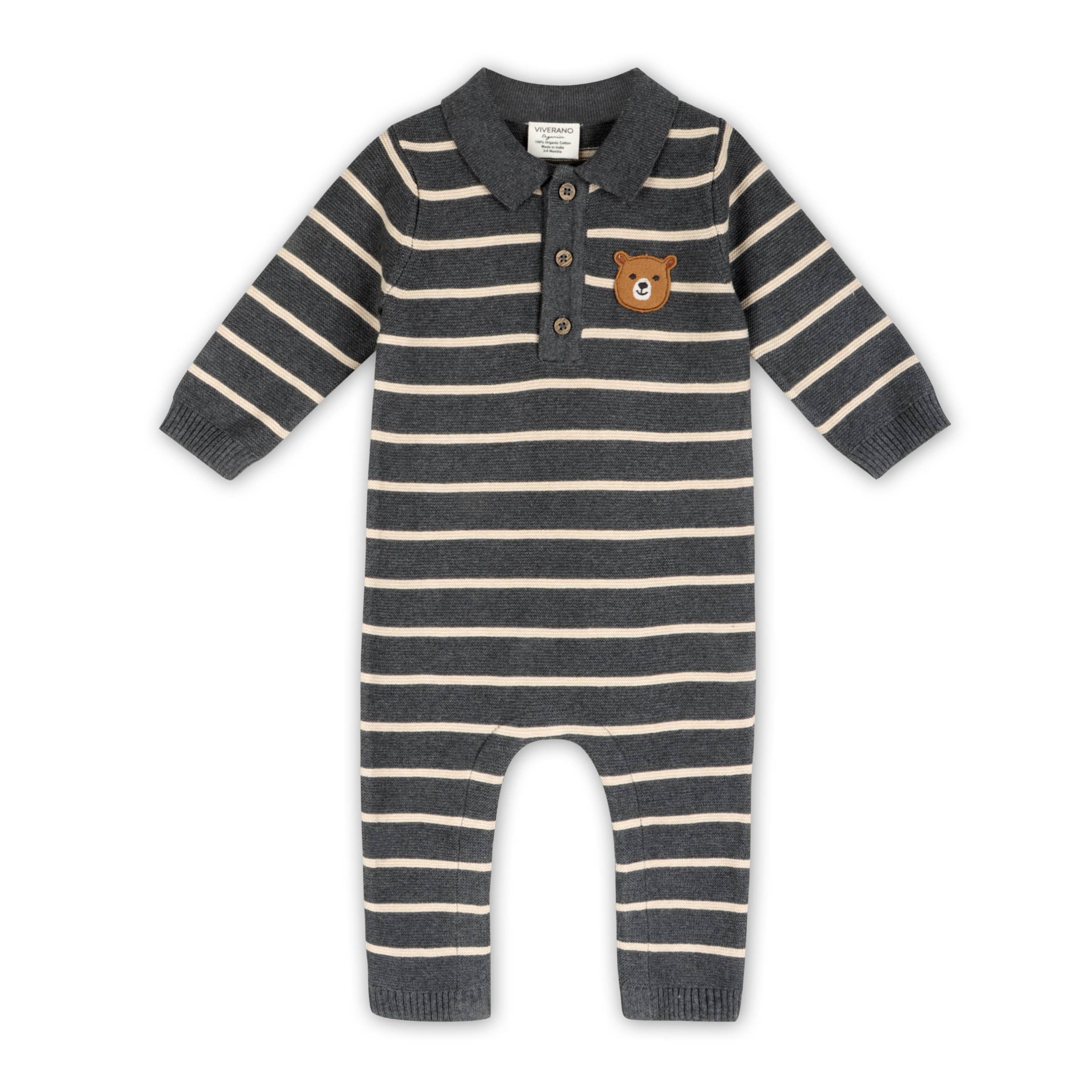 Bear Face Stripe Collar Knit Jumpsuit (Charcoal)