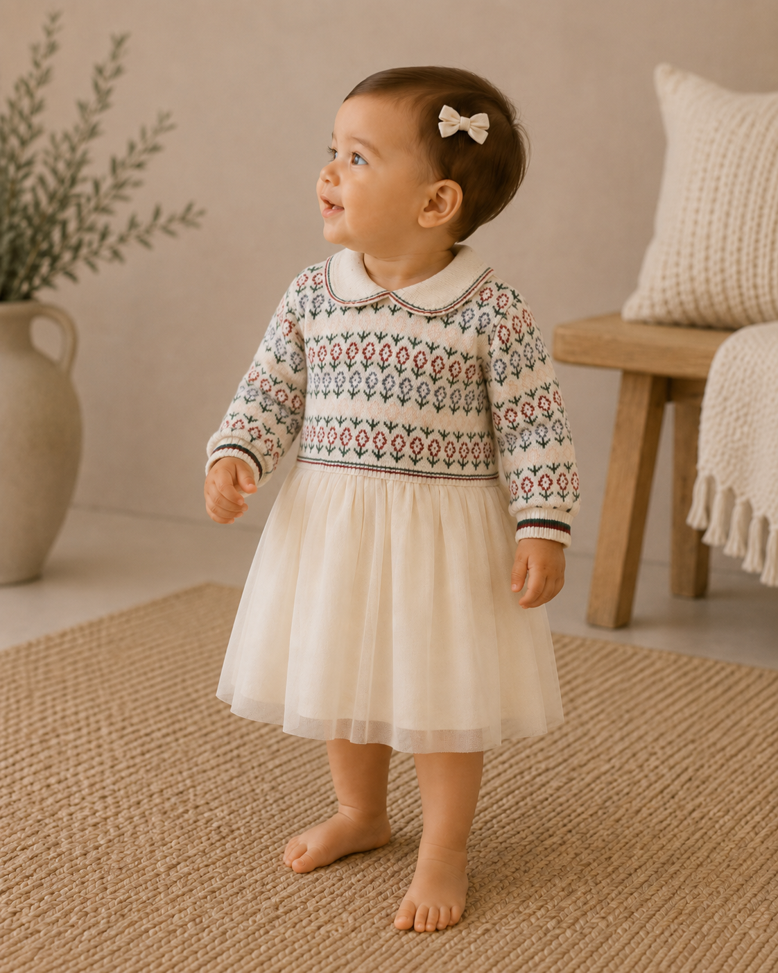 Dahlia Floral Jacquard Knit Baby Tutu Dress (Ecru)