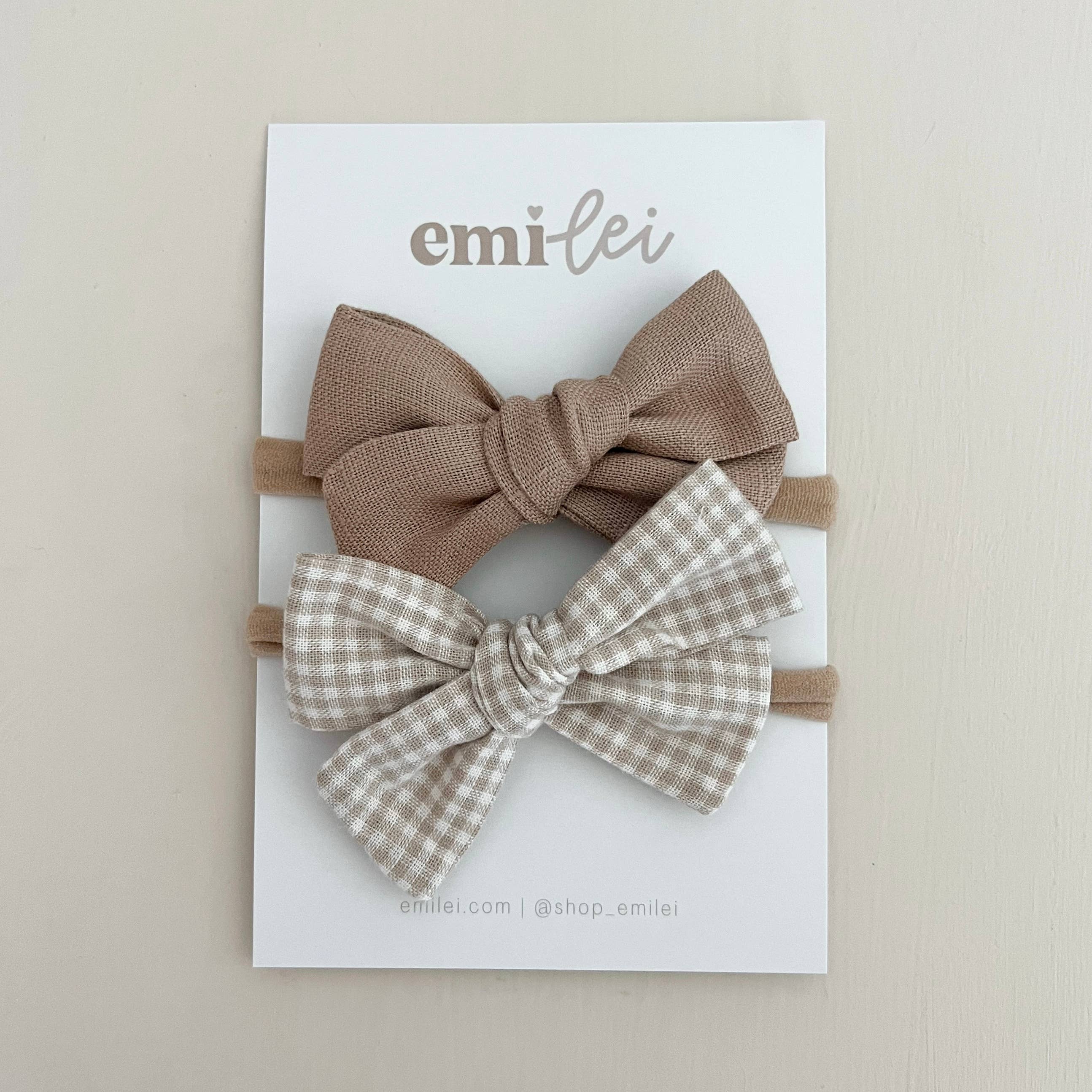 Nylon Stretchy Bow Headband Set (Taupe Linen/Mini Check)