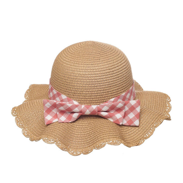 Gingham Bow Scalloped Straw Sun Hat