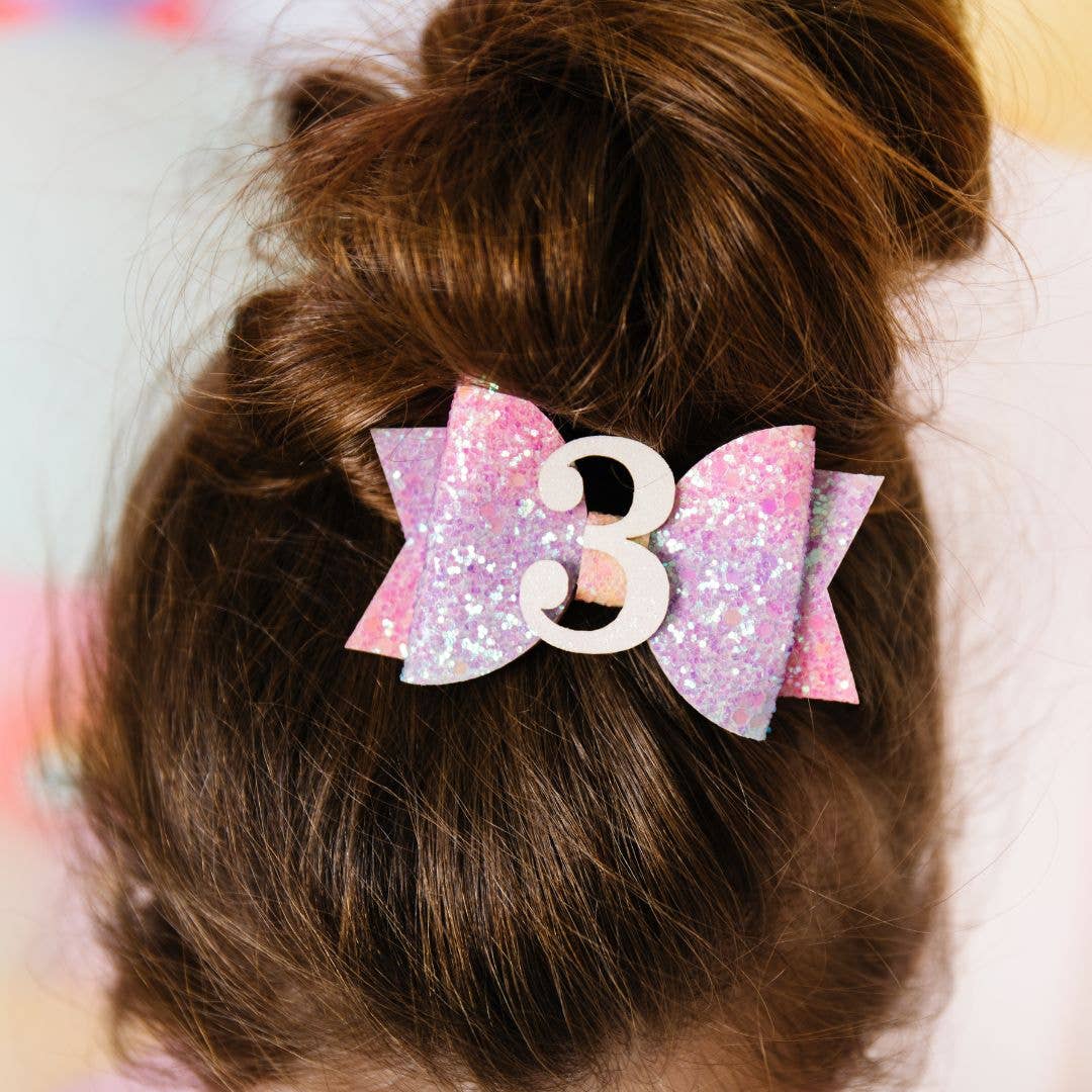 3rd Birthday Bow Hair Clip (Pastel Rainbow)