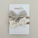 Nylon Stretchy Bow Headband Set (Taupe Mini Check/Linen Lace)