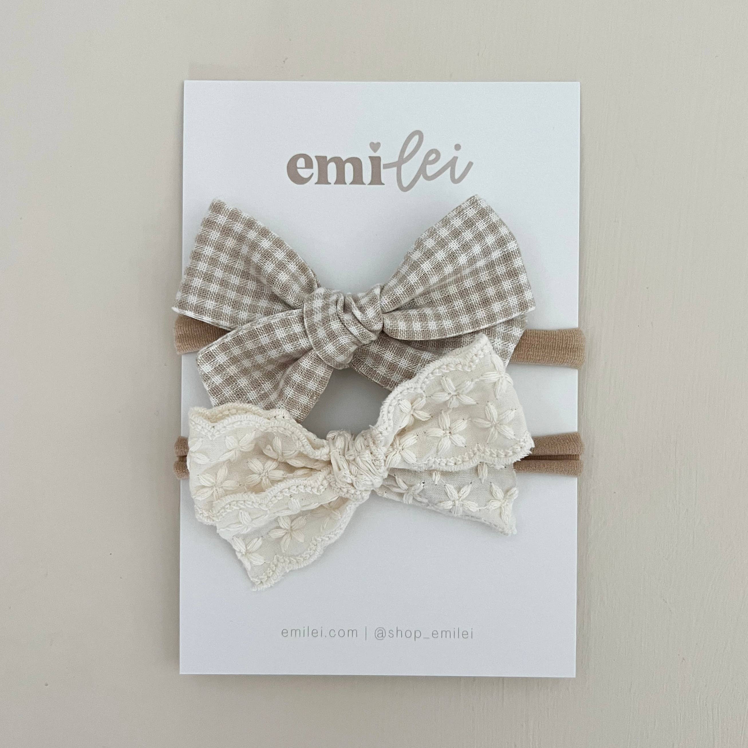 Nylon Stretchy Bow Headband Set (Taupe Mini Check/Linen Lace)