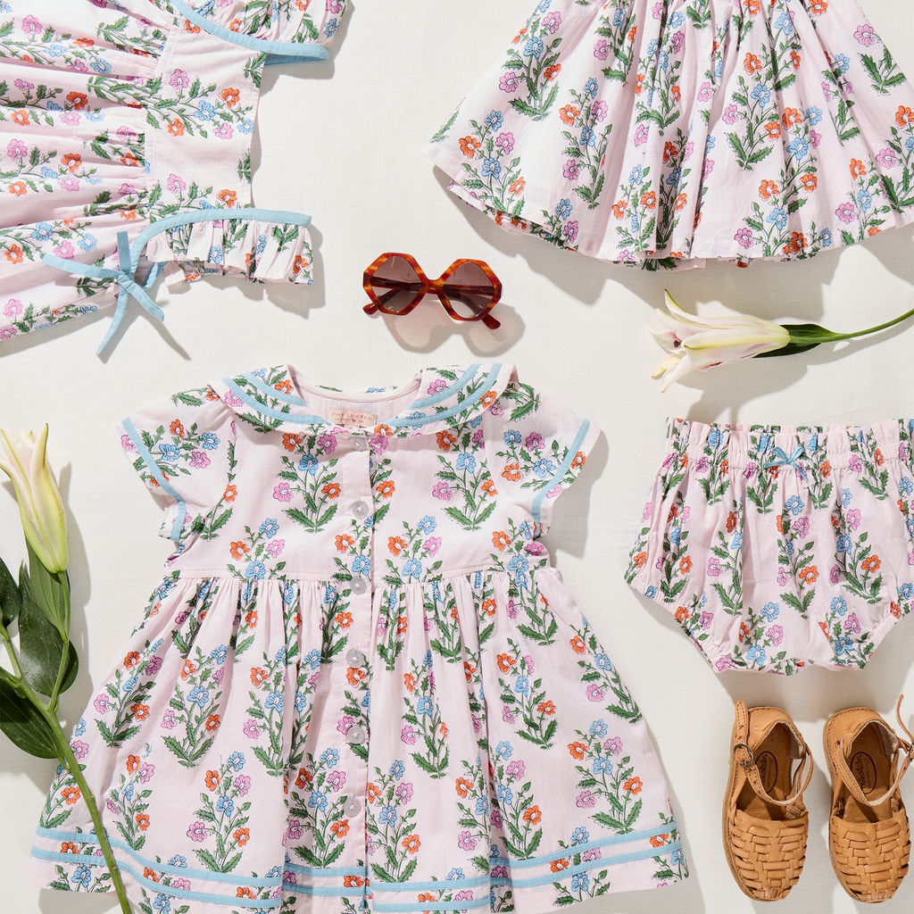 Girls Elowen Dress (Pink Dewdrop Block Print)