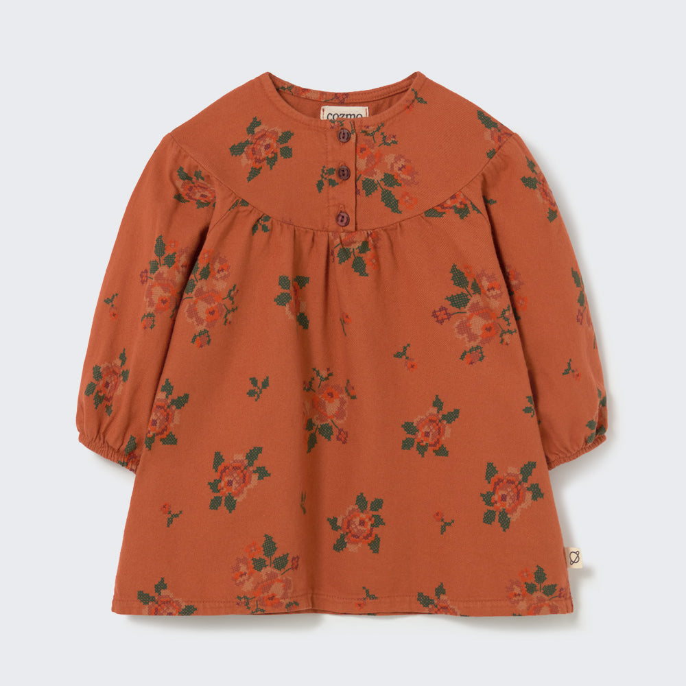 Cross-Stitch Floral Flannel Baby Dress (Ginger)
