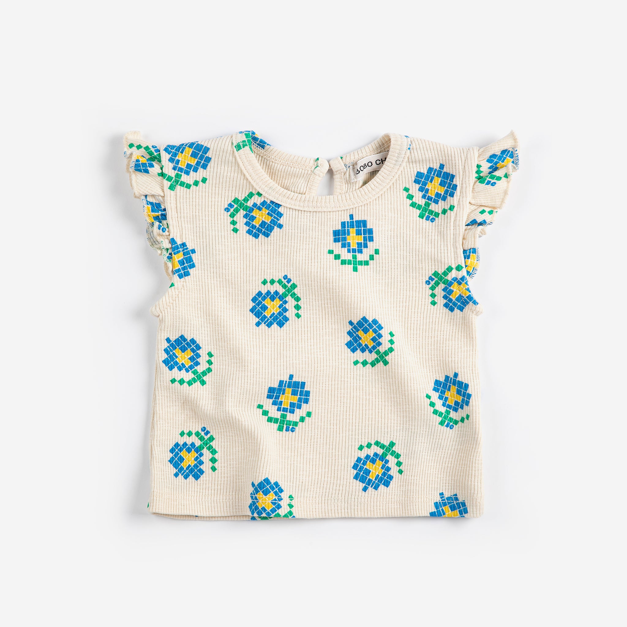 Pixel Flowers All Over Ruffled Top (White)