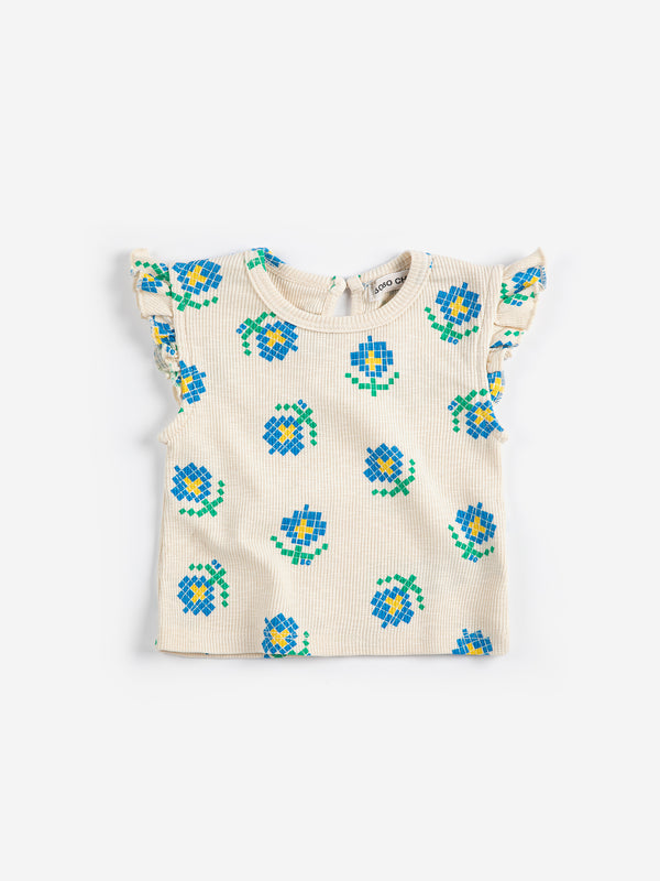 Pixel Flowers All Over Ruffled Top (White)