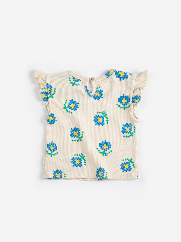 Pixel Flowers All Over Ruffled Top (White)