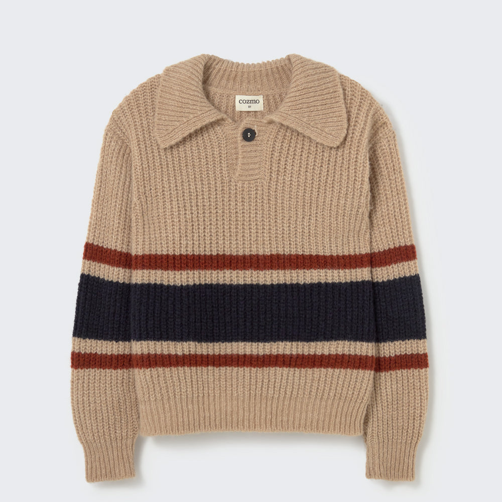 Striped Polo Sweater (Stone)