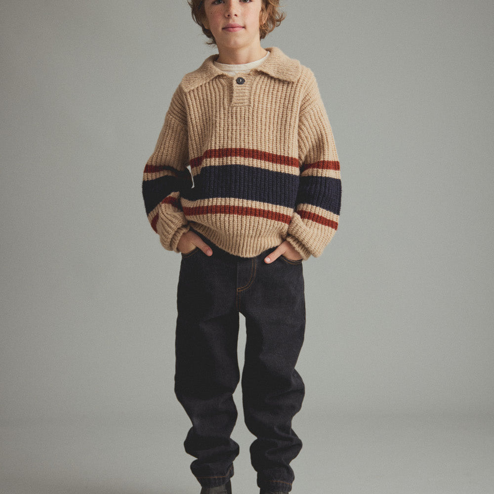 Striped Polo Sweater (Stone)