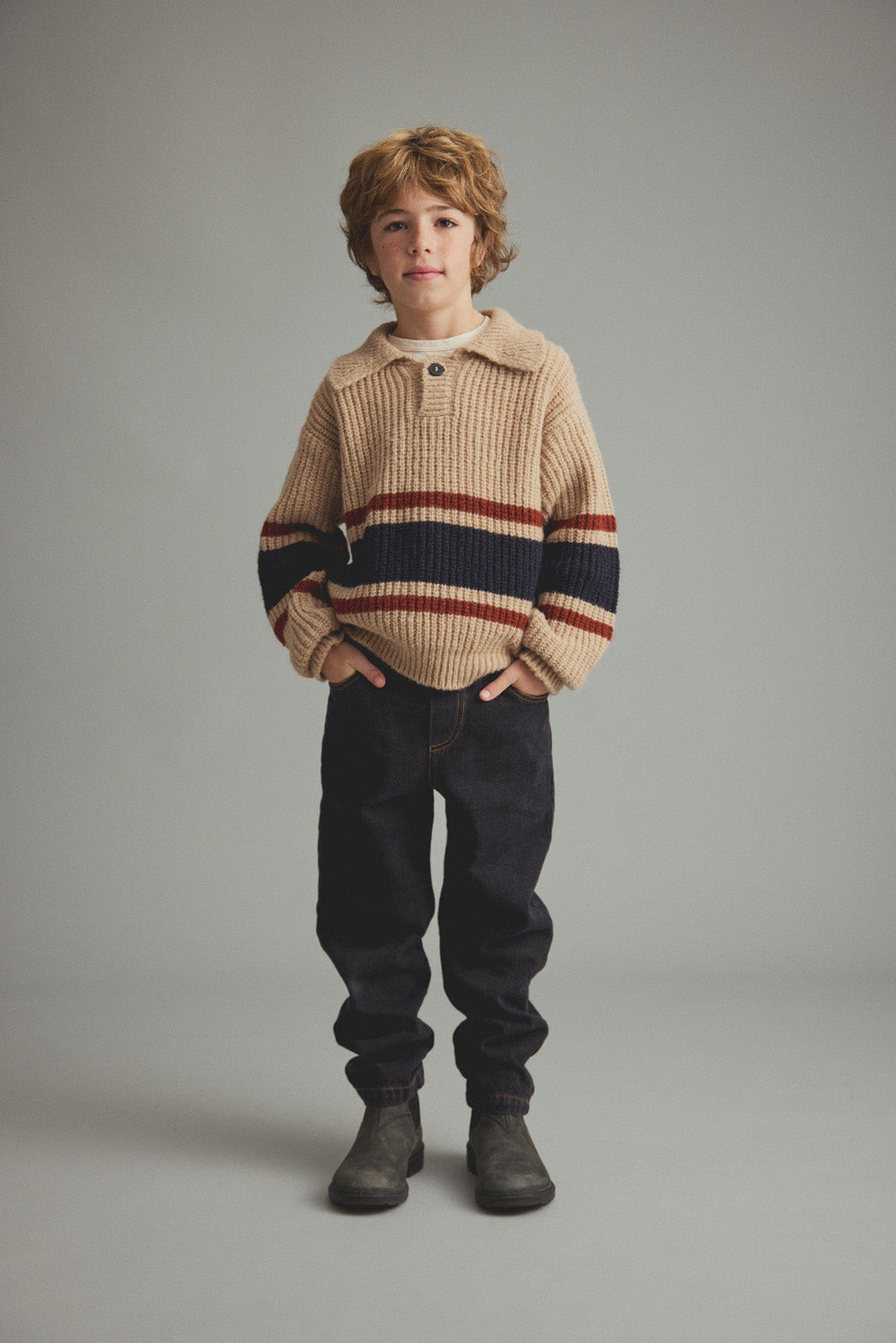 Striped Polo Sweater (Stone)