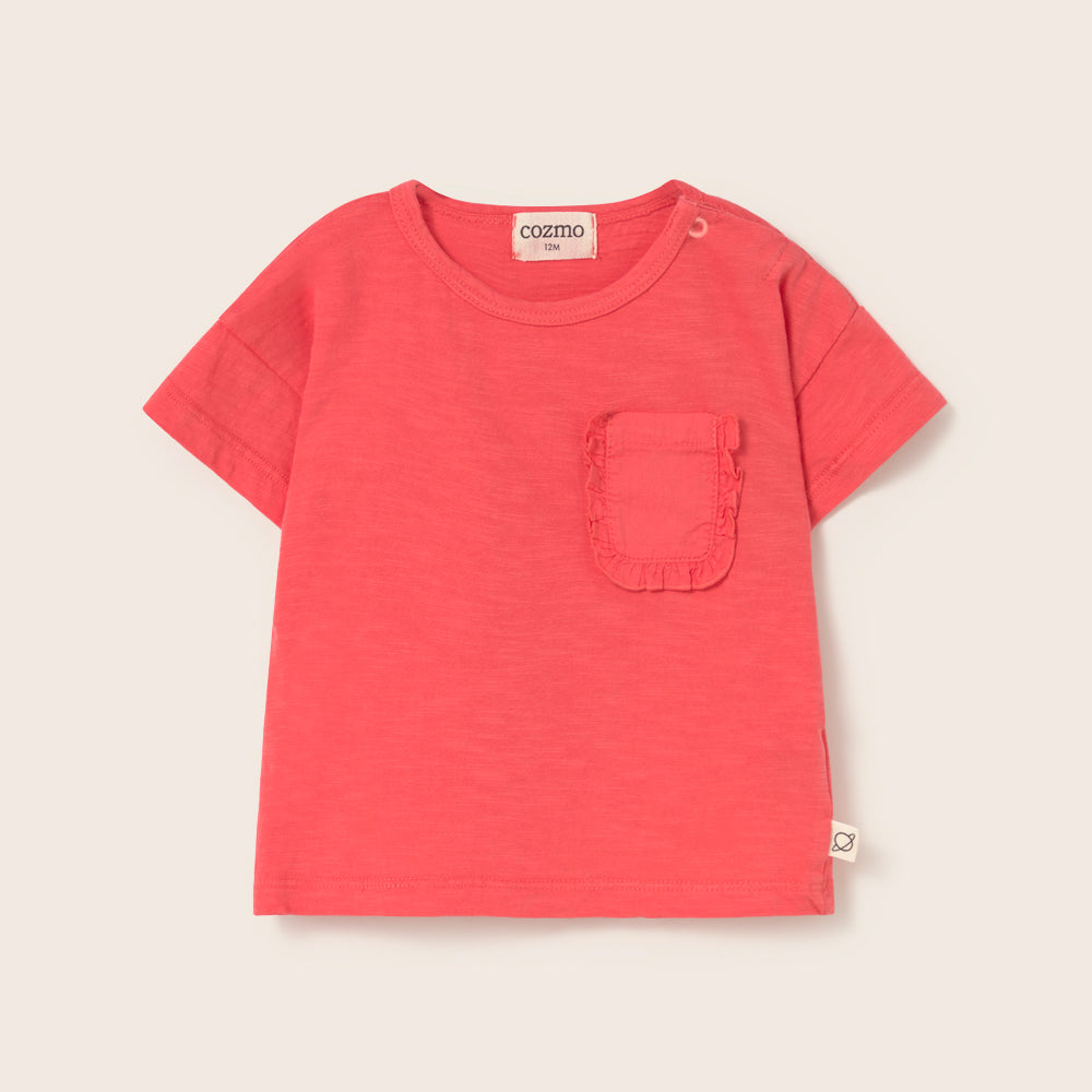 Soft Slub Cotton Ruffle Pocket T-Shirt (Tomato)