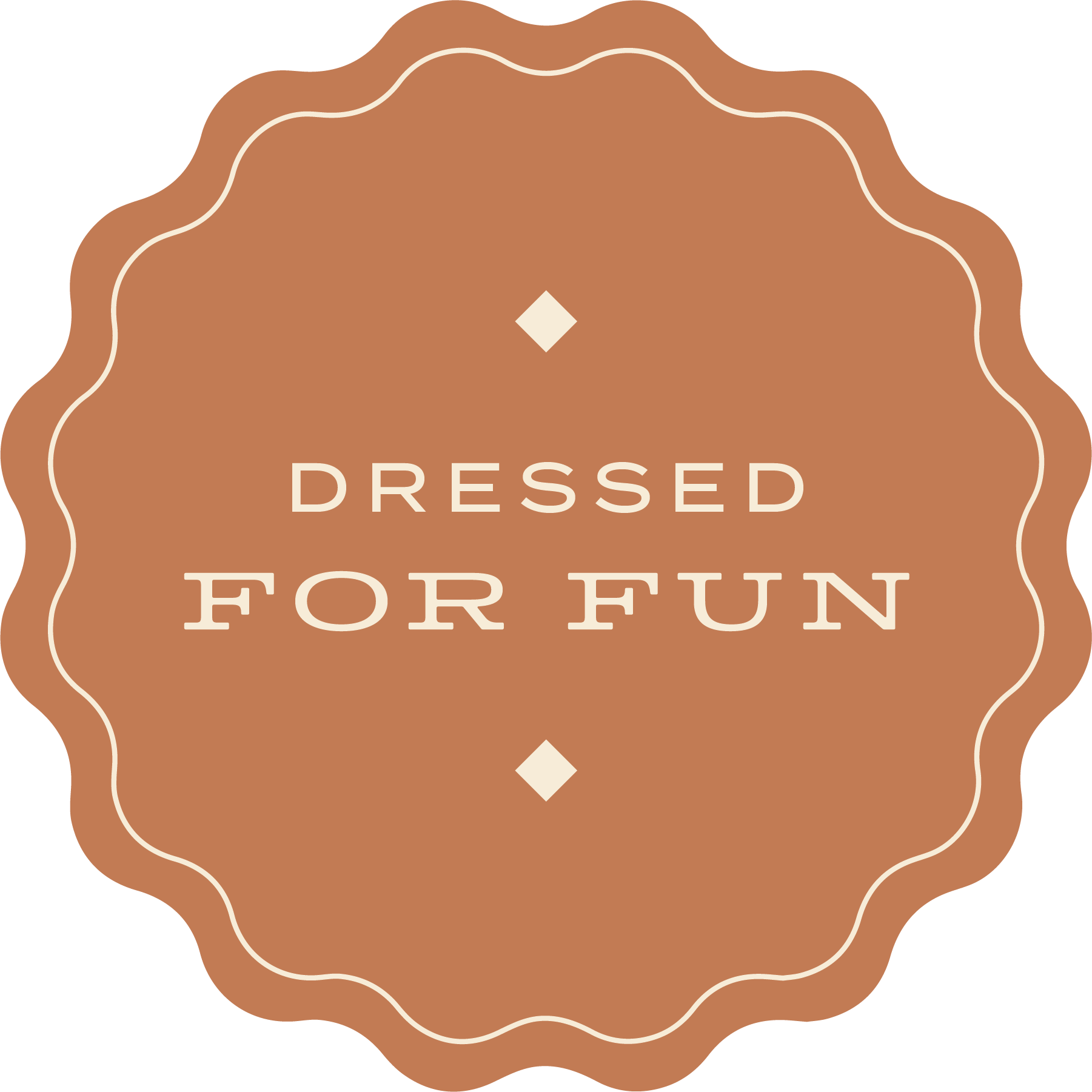Wavy badge icon that says 'Dressed for Fun', a slogan at Broomtail children's boutique