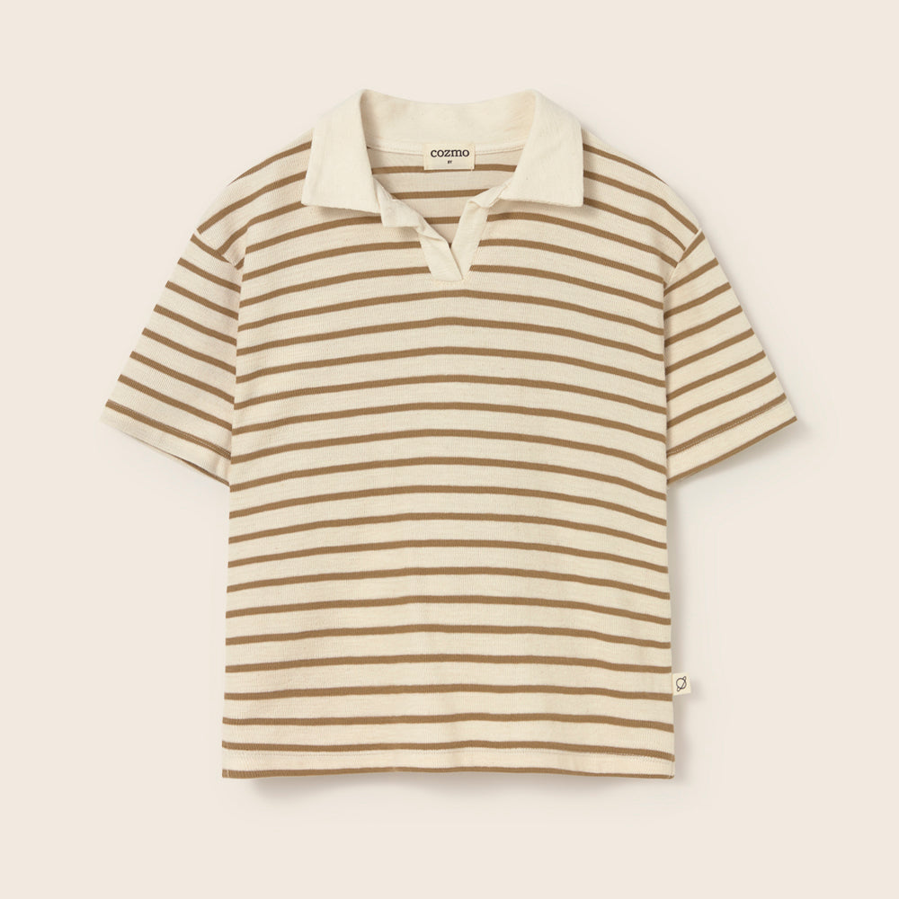 Double-Faced Striped Cotton Polo T-Shirt (Sand)