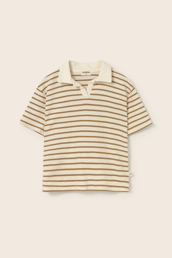 Double-Faced Striped Cotton Polo T-Shirt (Sand)