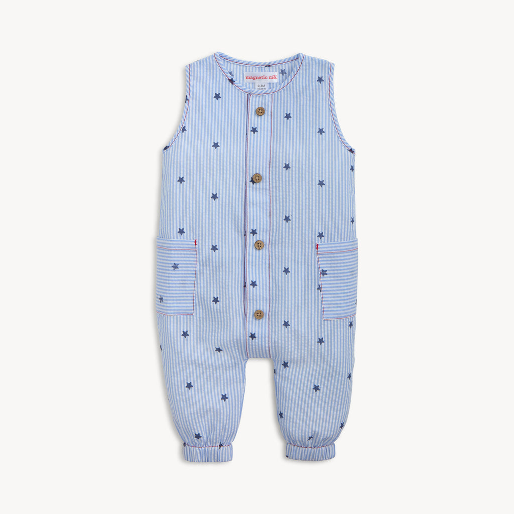 Sleeveless Pant Romper (Seersucker Stripe Stars)