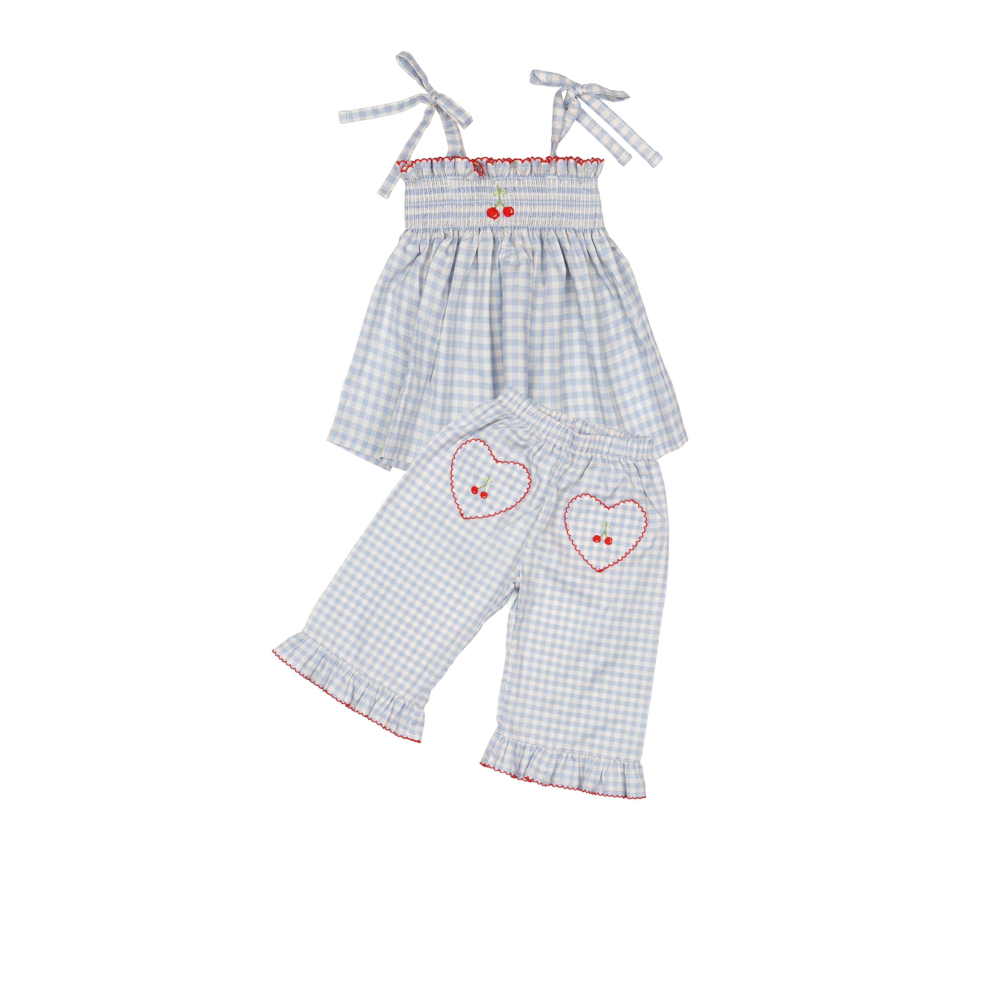 Ruffle Pant Set (Blue Gingham/Cherry)