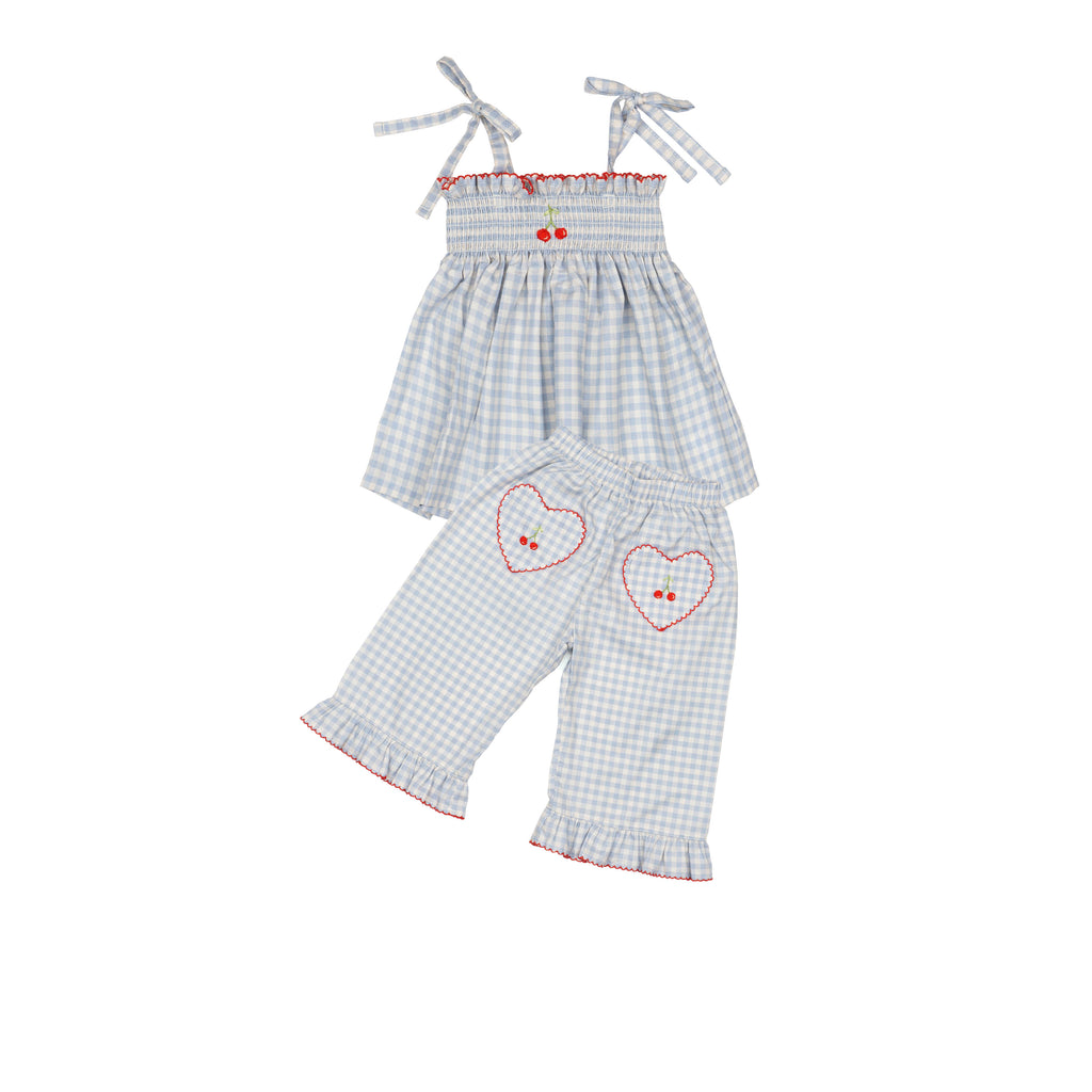 Ruffle Pant Set (Blue Gingham/Cherry)