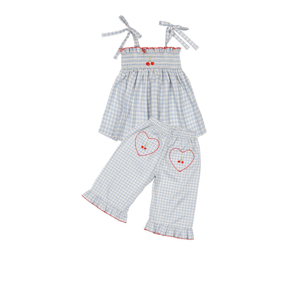 Ruffle Pant Set (Blue Gingham/Cherry)
