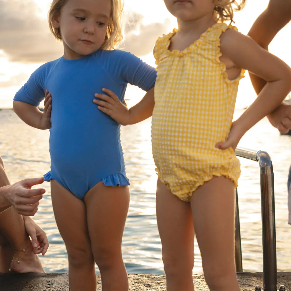 Girls Terry Quarter Sleeve Rashguard One Piece (Deep Sea Blue)