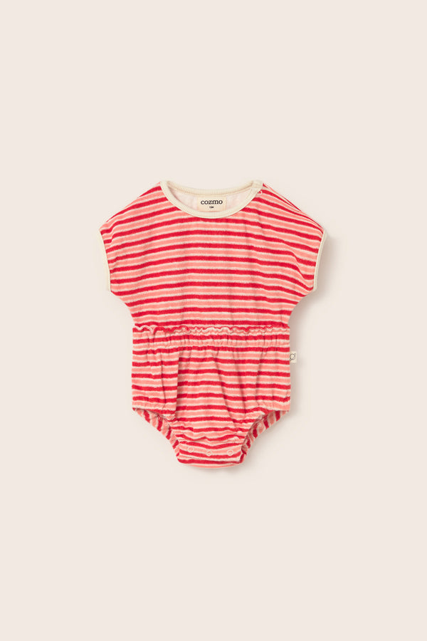 Striped Terry Cloth Romper (Pink Tomato)