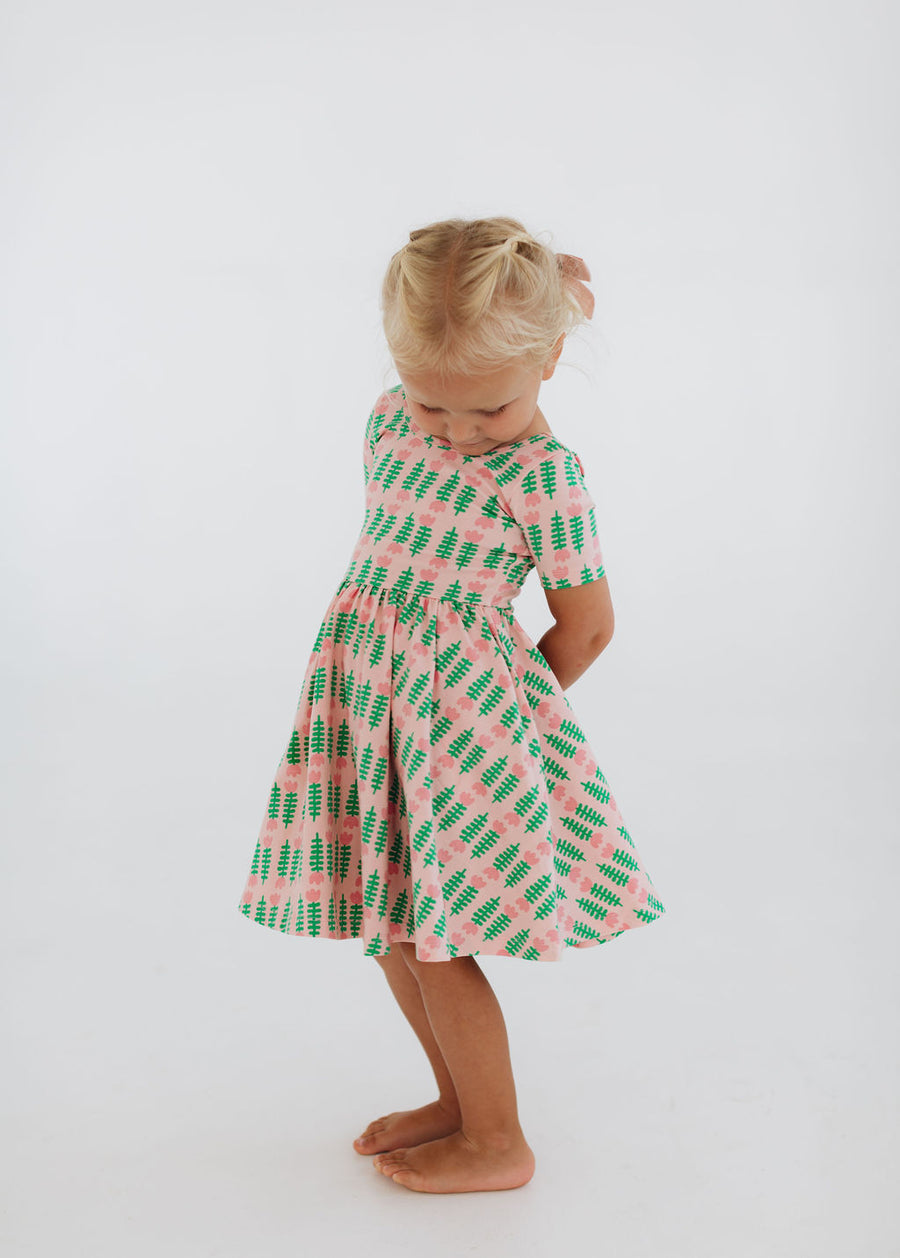Short Sleeve Twirl Dress (Pink Tulips)