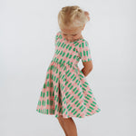Short Sleeve Twirl Dress (Pink Tulips)
