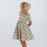 Short Sleeve Twirl Dress (Pink Tulips)