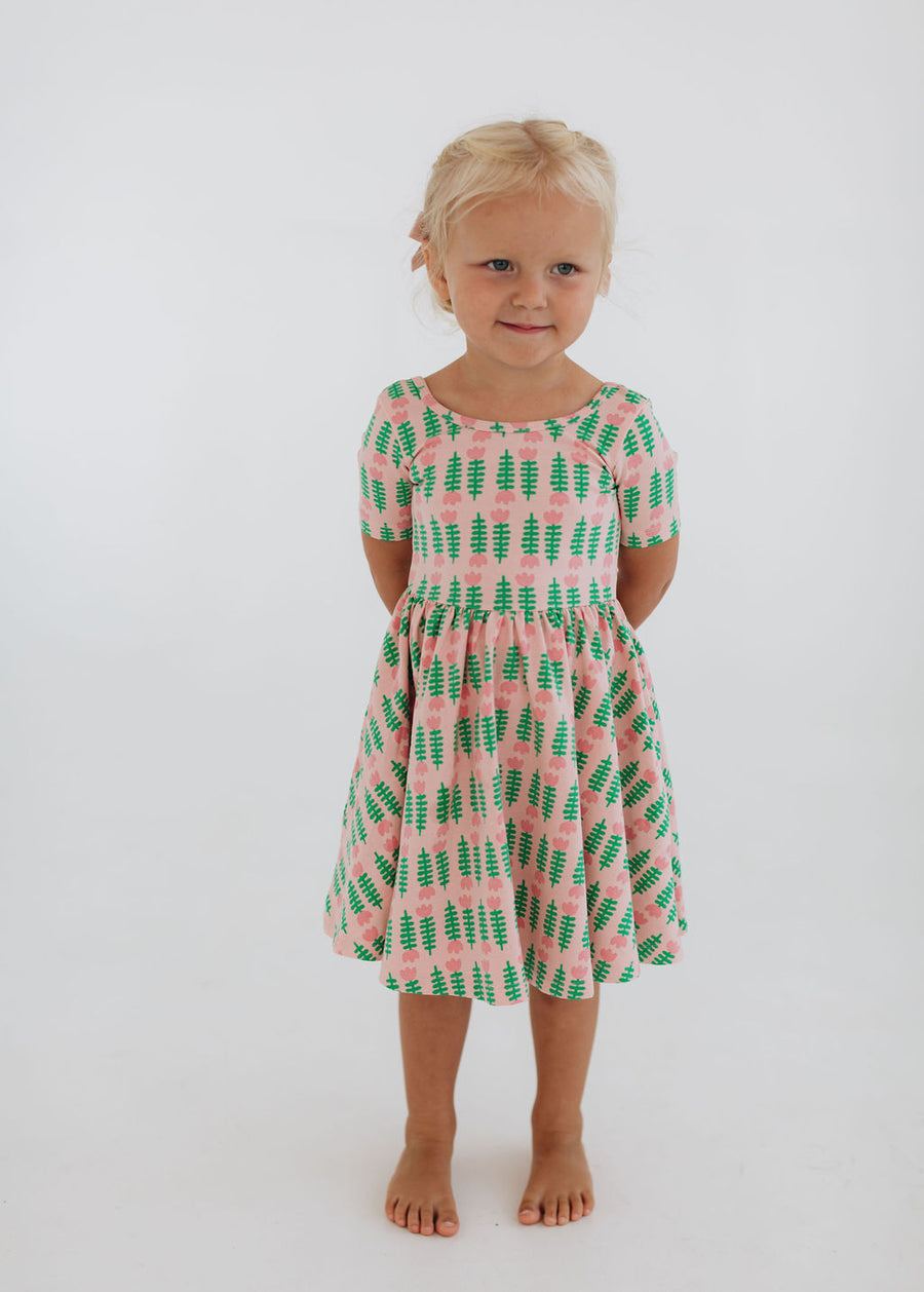Short Sleeve Twirl Dress (Pink Tulips)