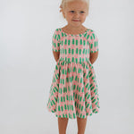 Short Sleeve Twirl Dress (Pink Tulips)