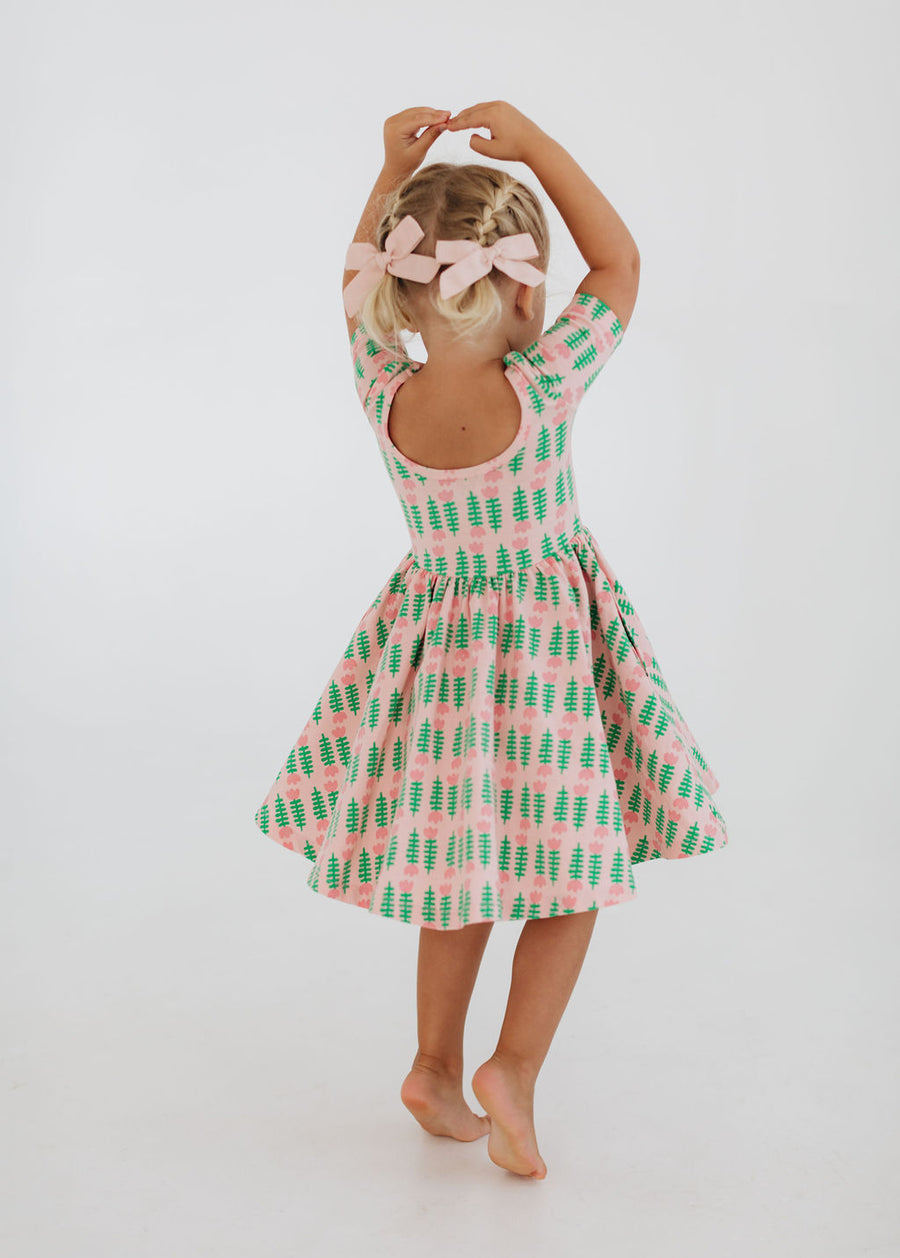 Short Sleeve Twirl Dress (Pink Tulips)