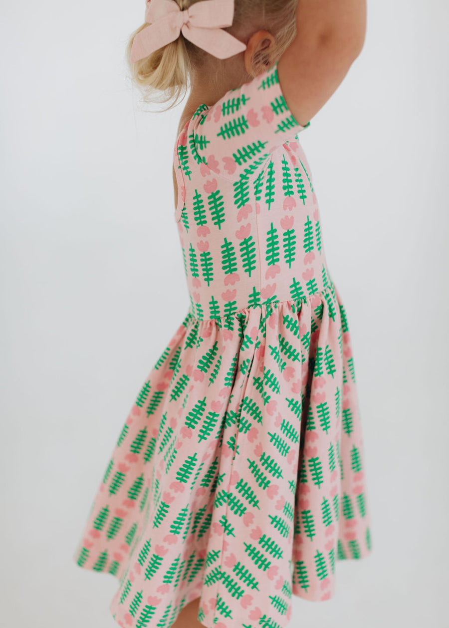 Short Sleeve Twirl Dress (Pink Tulips)
