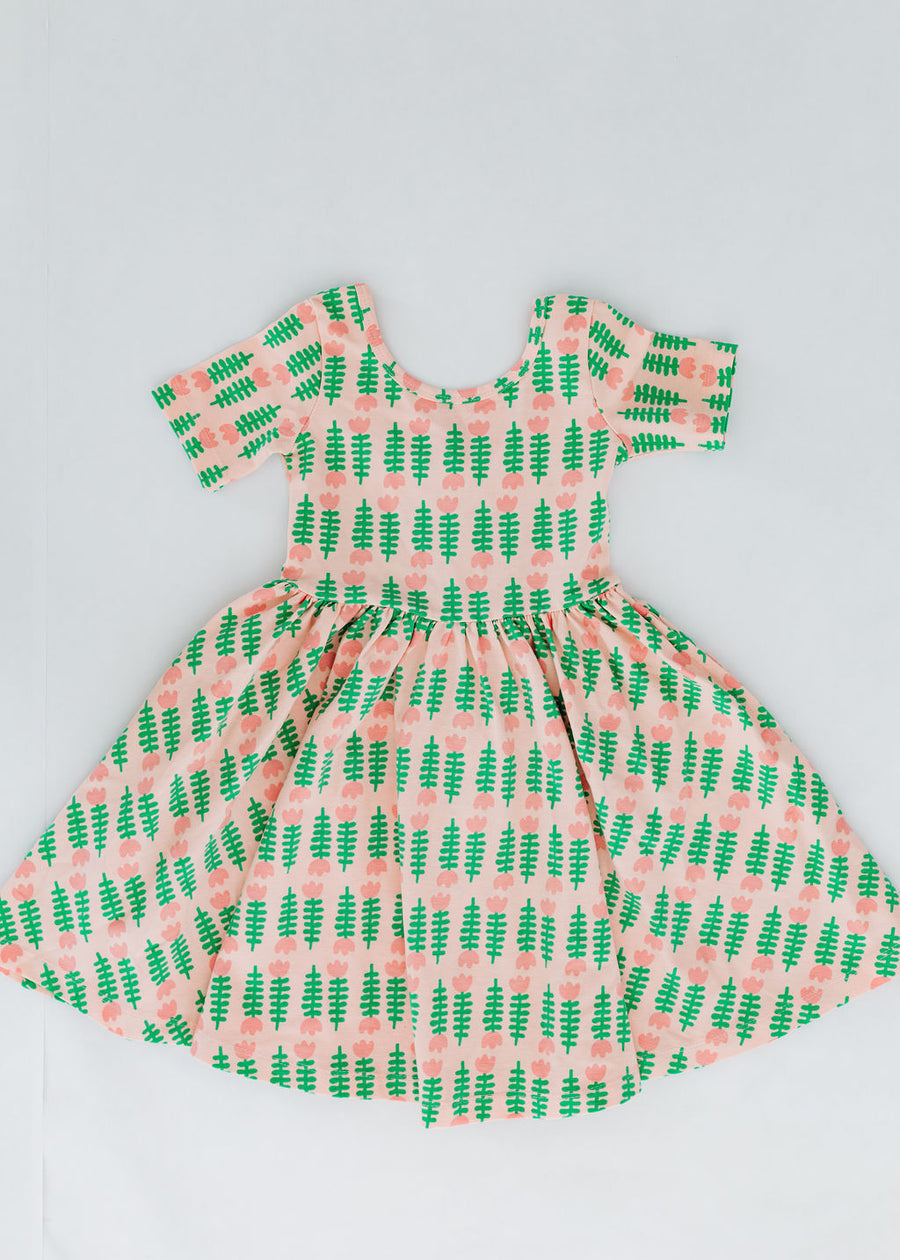 Short Sleeve Twirl Dress (Pink Tulips)